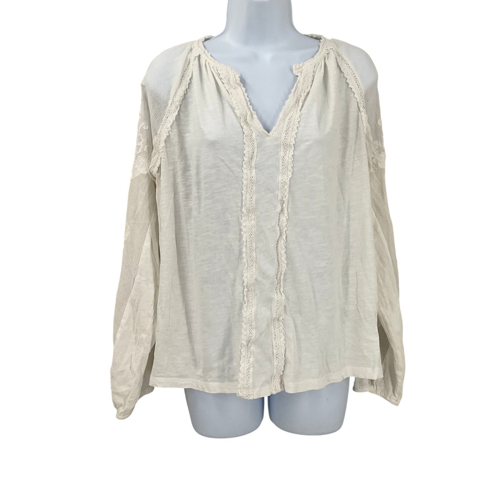 Soft Surroundings Top Sz S Ivory Cotton Lace Mesh Embroidered Boho Cottage Airy